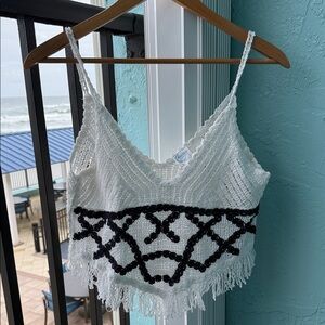 Blue Rain white Crochet Crop Top with Black Accents